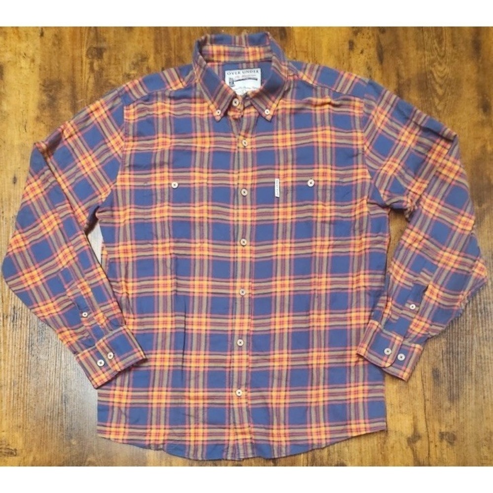 Over Under The Woodsman Blue & Orange‎ Plaid Flannel Shirt Men's Size Large